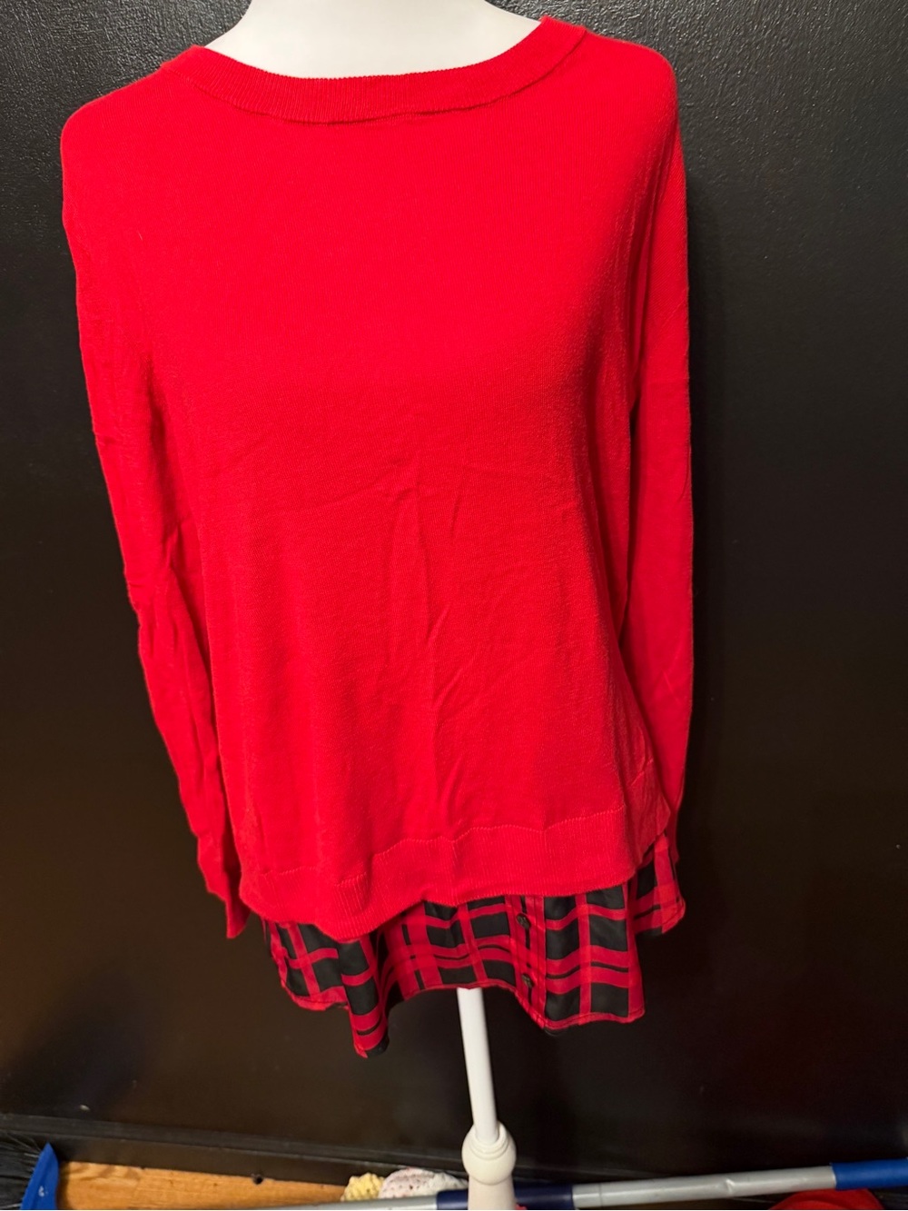 Michael Kors Red Knit Long Sleeve Top with Plaid Layered Hem